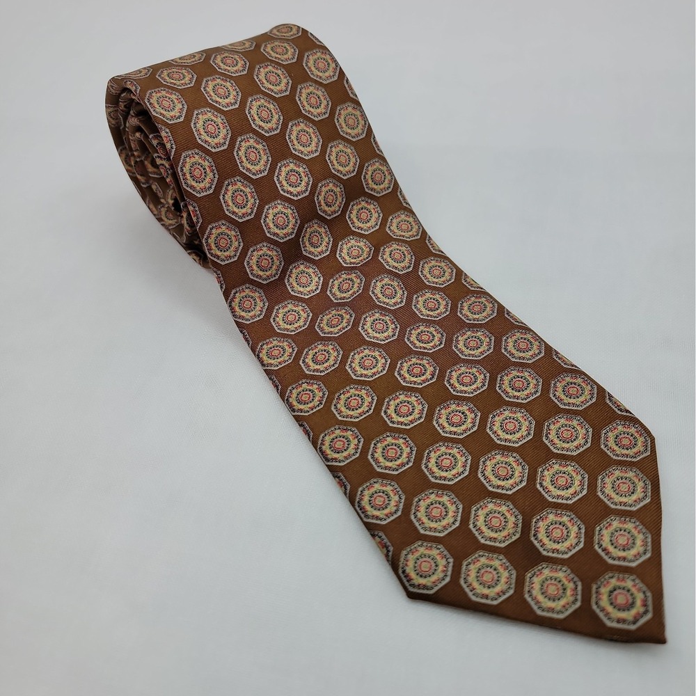 Stefano Ricci Luxury Mens Silk Tie Brown Multi Octagon Dot Pattern Made In Italy